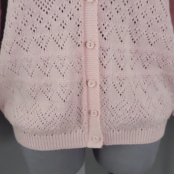Vintage 80s Helen Harper Pink Pointelle Cardigan | Structured Shoulder | L - Picture 3 of 11